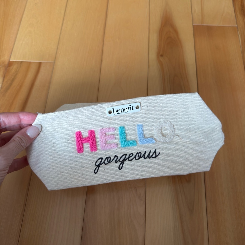 Benefit Canvas Bag with Colorful 'Hello Gorgeous' Text